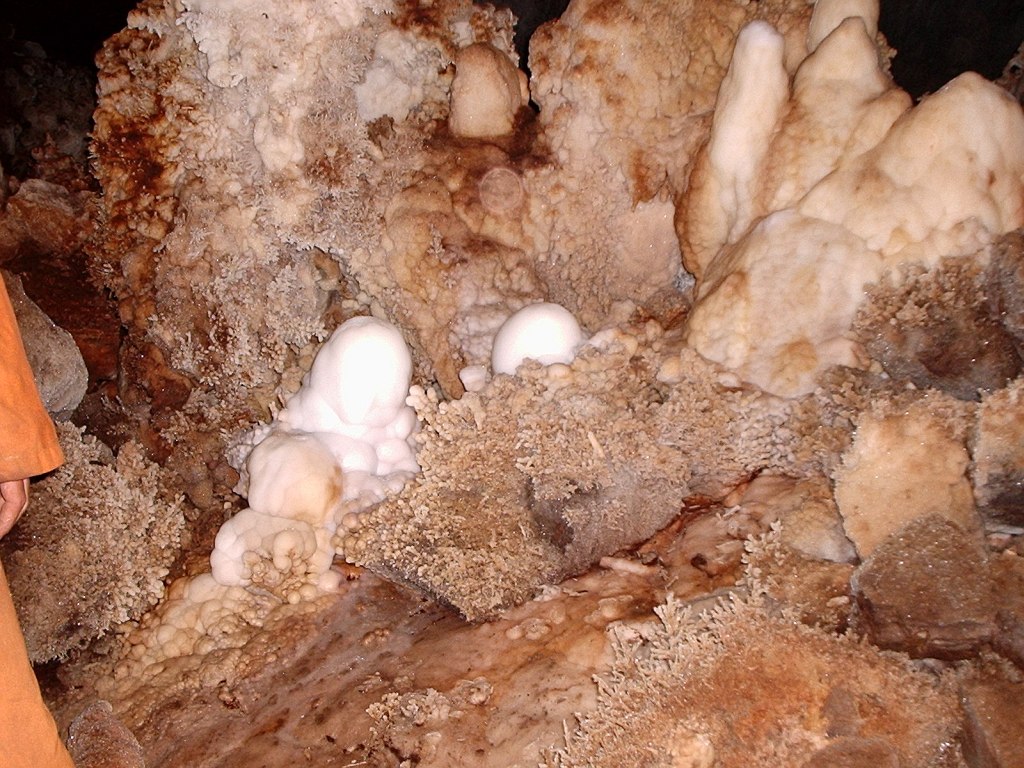 Like little gnomes hiding behind a calcite formation, these younger white stalagmites in the Knocking Shop Cave contrast with the older orange formations around them. The orange colour is derived form iron oxide 
