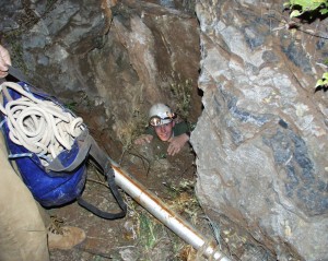 Eventually all good things come to an end. Here the last caver emerges from the entrance of Wind Gat Cave. This is the entrance that blows almost constantly and which gave this cave one of its names ("Wind Gat" = "Wind Hole")